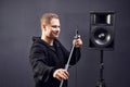 Audio equipment, speaker testing, sound quality, master tester evaluates the performance of the acoustic system Royalty Free Stock Photo