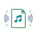 Audio File Illustration: Musical Note within Green Lined Document with Blue Sound Waves Emanating Royalty Free Stock Photo