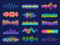 Audio frequency. Neon music sound waves for radio equalizer. Voice recognition for digital assistant. Volume graph line