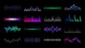 Audio frequency. Sound waveform HUD interface templates. Soundwave spectrum and futuristic signal dynamic amplitudes Royalty Free Stock Photo