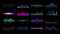 Audio frequency. Sound waveform HUD interface templates. Soundwave spectrum and futuristic signal dynamic amplitudes