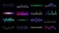 Audio frequency. Sound waveform HUD interface templates. Soundwave spectrum and futuristic signal dynamic amplitudes. Musical Royalty Free Stock Photo