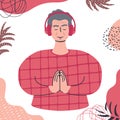 Audio guided meditation. Senior caucasian man relaxing in headphones.