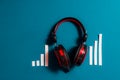 Audio headphones with audio spectrum concept, podcast, music