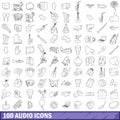 100 audio icons set, outline style Royalty Free Stock Photo