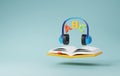 Audio Learning, 3D Icon of Headphones and Books for E-Learning Enthusiasts. 3D Render Royalty Free Stock Photo