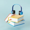 Audio Learning, 3D Icon of Headphones and Books for E-Learning Enthusiasts. 3D Render Royalty Free Stock Photo