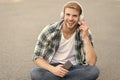 Audio library. Another way of learning. Man handsome college student headphones. Online learning. Audio book concept Royalty Free Stock Photo
