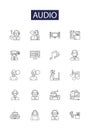 Audio line vector icons and signs. Music, Microphone, Hearing, Speakers, Stereo, Reverb, Volume, Surround outline vector