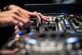 Audio mixer console and professional sound mixing. A female black hand is adjusting audio mixer with buttons and sliders. Royalty Free Stock Photo