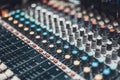 Audio mixer control panel or sound editor, cinematic tone. Digital music technology, concert event, DJ equipment concept