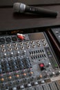 Audio mixer deck with microphone Royalty Free Stock Photo