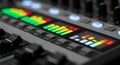 Close Up Display of Audio Mixer with Colorful Equalizer Levels and Digital Interface Showing Music Production Equipment Royalty Free Stock Photo