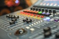 Audio mixer, music equipment. recording studio gears, broadcasting tools, mixer, synthesizer. shallow dept of field for music