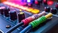Audio mixer panel with colorful cables Royalty Free Stock Photo