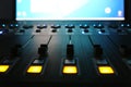 The audio mixer in the Studio, the handles move up and down, all ready to record. Royalty Free Stock Photo