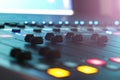 The audio mixer in the Studio, the handles move up and down, all ready to record. Royalty Free Stock Photo