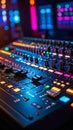 Audio mixing console in music production studio with controls and lights Royalty Free Stock Photo