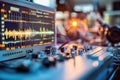Audio mixing console with sound wave display, showcasing intricate controls and buttons, illuminated by ambient lighting, creating Royalty Free Stock Photo