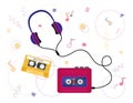 Audio player retro device, cassette and headphones from 80 and 90s. Isolated vector flat objects. 90s set of musical equipment.