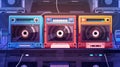 Audio record player online or mobile app with mixtape cassettes, vintage mixtapes cartoon banner, disco, multimedia