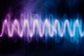 Audio signal or soundwave glowing neon abstract background or backdrop futuristic illustration . Technology, sound and music