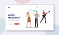 Audio Sound Frequency Wave Landing Page Template. Characters Communicating, Musician Playing Electric Guitar Make Noise