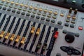 Audio sound mixer console. Sound mixing desk. Music mixer control panel in recording studio. Audio mixing console with faders Royalty Free Stock Photo