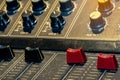 Audio sound mixer console. Sound mixing desk. Music mixer control panel in recording studio. Audio mixing console with faders Royalty Free Stock Photo