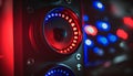Audio speaker close-up with blue and red lights. 3d rendering Royalty Free Stock Photo