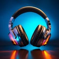 Audio spectrum Headphones on background create a dynamic music banner