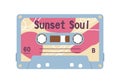 Audio stereo cassette with retro music records on magnetic tape. Old casette of 1980s. Analog obsolete mixtape. Colored