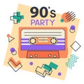 Audio and stereo 90s music tape sticker. Retro 80s cassette tape, disco party badge, pop culture song tape isolated flat vector Royalty Free Stock Photo