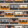 Audio tapes seamless vector pattern. Different audio tapes in retro style