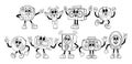 Audio Technique Characters In Cartoon Linear Retro Style. Dynamics, Tape Recorder, Microphone, Player And Disco Ball