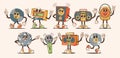 Audio Technique Characters In Cartoon Retro Style. Dynamics, Tape And Recorder, Microphone, Player And Disco Ball
