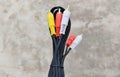 Audio video cable RCA to 3.5mm jack. RCA cable connector, RCA connector on floor Background, Red white Yellow connector Jack, Royalty Free Stock Photo