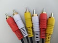 Audio video cable RCA to 3.5mm jack. RCA cable connector, RCA connector isolated on white Red white Yellow connector Jack, Royalty Free Stock Photo