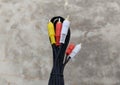 Audio video cable RCA to 3.5mm jack. RCA cable connector, RCA connector on floor Background, Red white Yellow connector Jack, Royalty Free Stock Photo