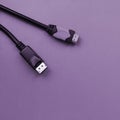 Audio video HDMI computer cable plug and 20-pin male DisplayPort gold plated connector for a flawless connection on purple Royalty Free Stock Photo