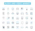 audio and video market linear icons set. Sound, Visuals, Speakers, Headphs, Amplifiers, Microphs, High-definition line