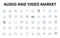 audio and video market linear icons set. Sound, Visuals, Speakers, Headphs, Amplifiers, Microphs, High-definition vector