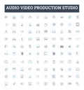 Audio video production studio vector line icons set. Recording, Mixing, Mastering, Editing, Dubbing, Broadcasting