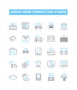 Audio video production studio vector line icons set. Recording, Mixing, Mastering, Editing, Dubbing, Broadcasting