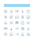 Audio video production studio vector line icons set. Recording, Mixing, Mastering, Editing, Dubbing, Broadcasting