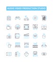 Audio video production studio vector line icons set. Recording, Mixing, Mastering, Editing, Dubbing, Broadcasting