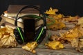 Audiobook concept.Headphones and smartphone and old books on the background of yellow leaves
