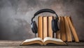 Audiobook Learning Concept With Open Books And Headphones On Desk Royalty Free Stock Photo