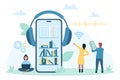 Audiobook mobile app, tiny people using library with ebooks to listen podcast and study