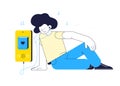 Vector illustration of young boy character sit and enjoy listening to audio books on his mobile app smartphone concept.